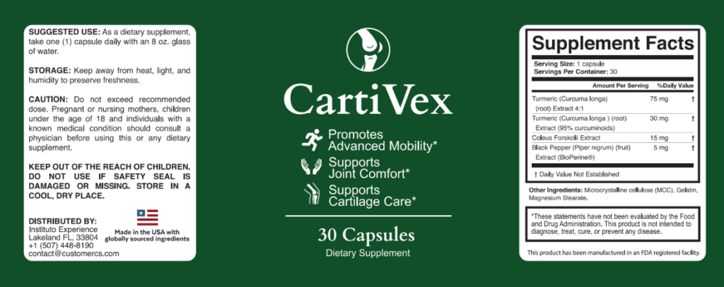 CartiVex bottle label with Supplement Facts